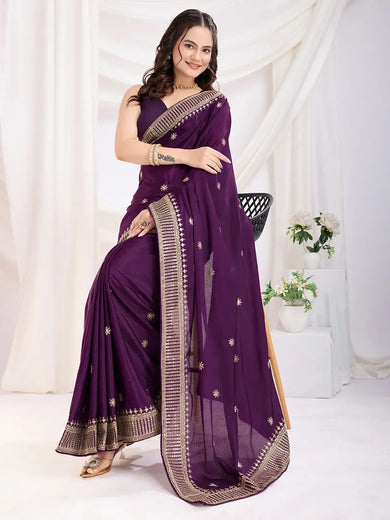 Lovely Violet Heavy Lace Border Work Chinon Saree With Blouse